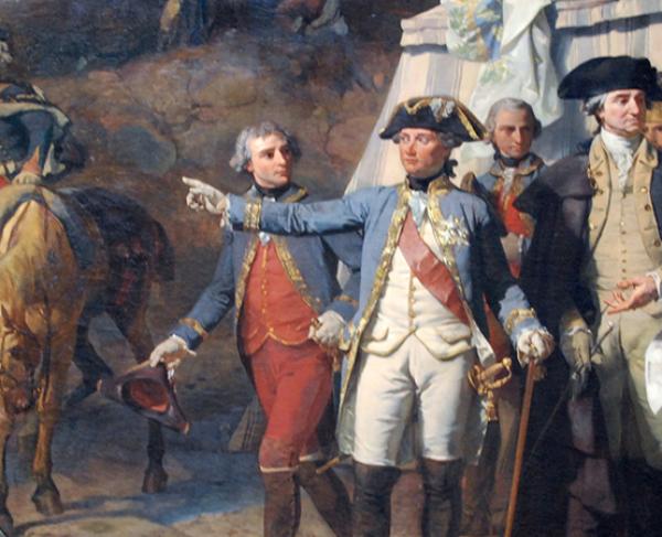 This painting depicts a commander leading his troops at Yorktown. 